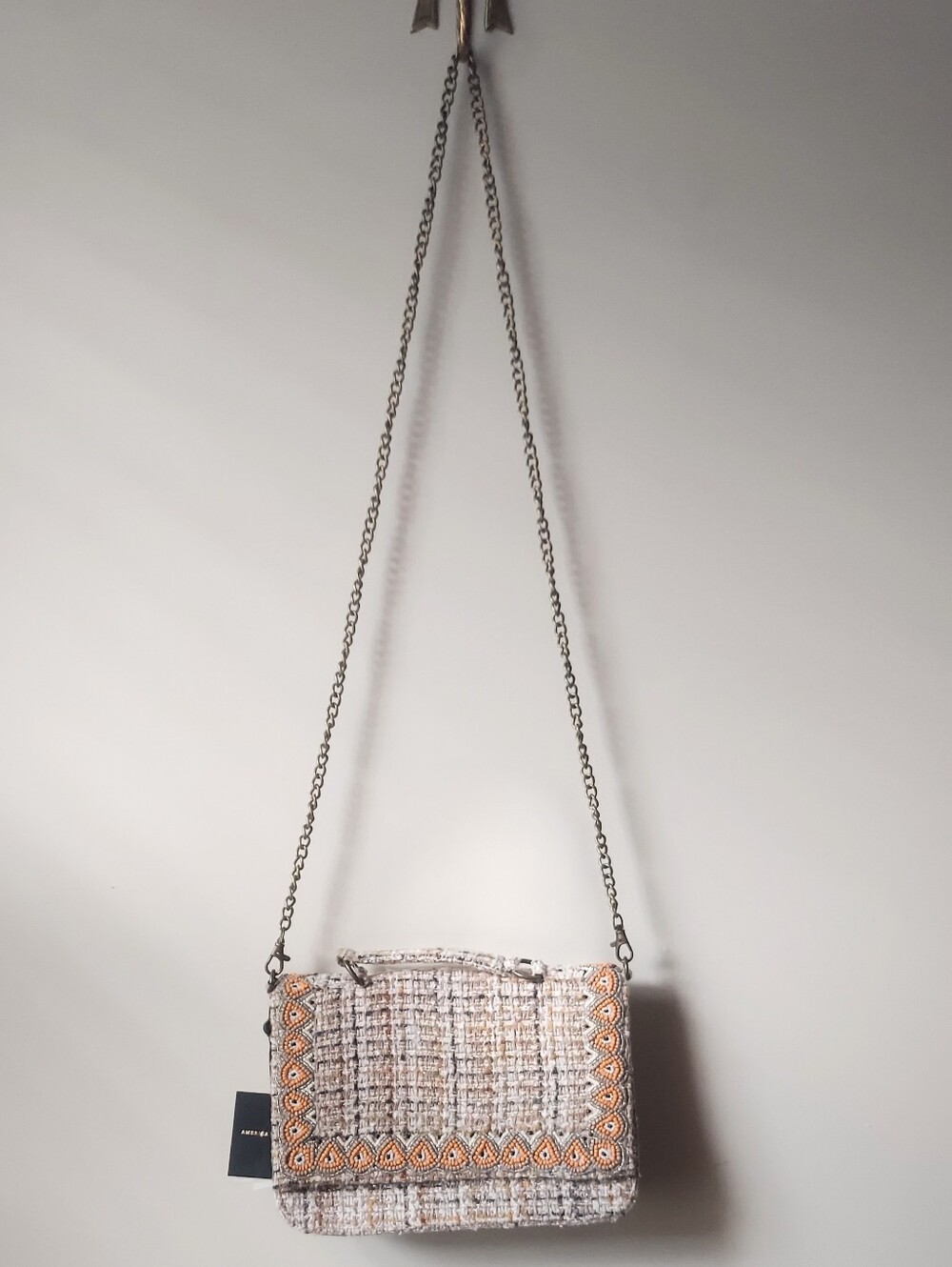 America & Beyond Orange And Tan Tweed Handbag With Beaded Embellishment
